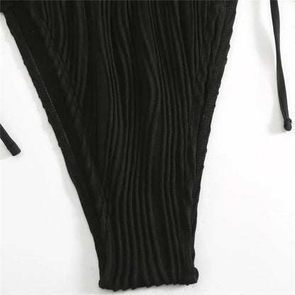Sexy Backless One Piece Swimsuit Woman 2026 String Texture Swimwear Hollow Out Monokini High Cut Bathing Suit Deep V Neck Bather