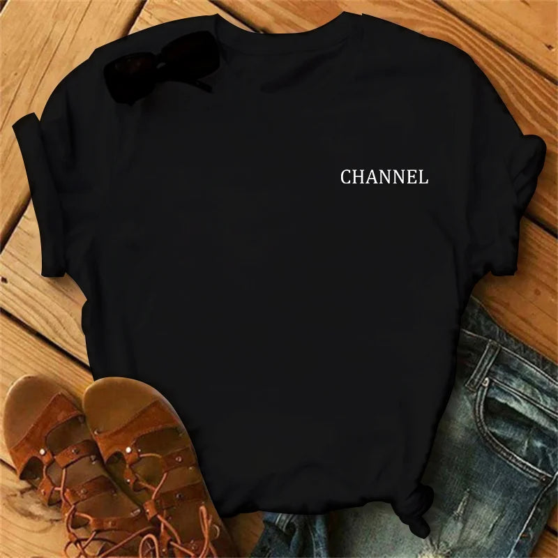 100% pure cotton summer loose-fitting CHANNEL letter print casual fitted round-neck short-sleeve t-shirt top