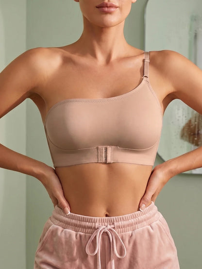 One Shoulder Women Bra Wireless Solid Front-Clasp Push up Bra Non-slip Unlined Comfortable Bra