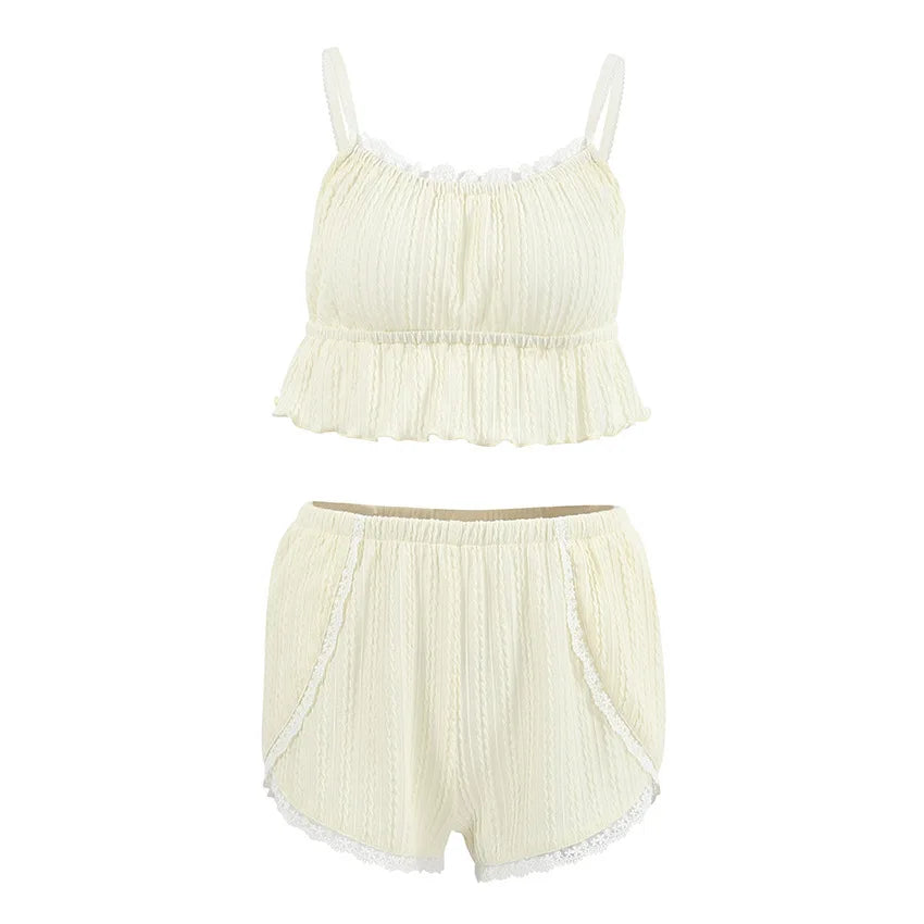 Lace Trim Ruffle Hem U-Neck Strap Cable Textured Cami &amp; Casual Shorts Loungewear Summer Pajamas Set Women Sleepwear