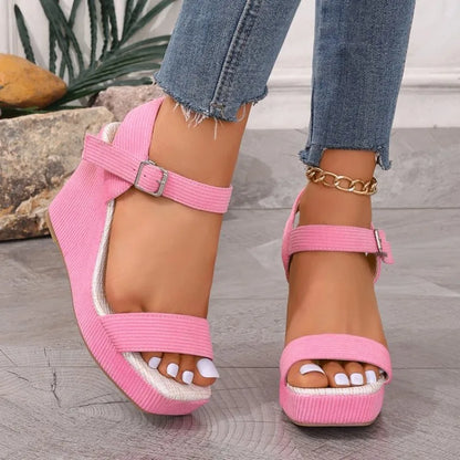 2026 New Platform Wedge Sandals Solid Color Round Headed Square Buckle  High-heeled Sandals