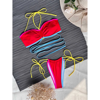 Splicing Wrap Around Bandage Halter Bikini Female Swimsuit Women Swimwear Two-Pieces Bikini Set Bather Bathing Suit Swim V3882