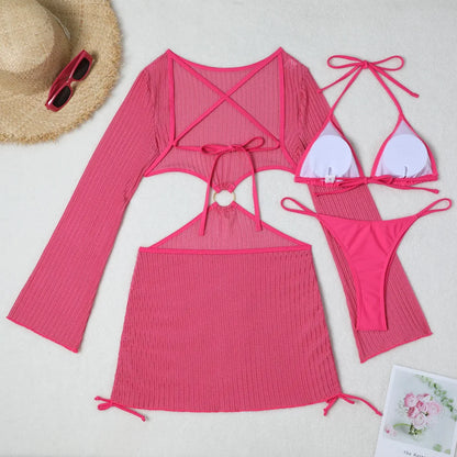 Women micro mini halter bikinis sets 3pcs with knitted long sleeve hollow out mini dress swimsuit bathing suit beach outfits