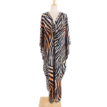 Sexy Zebra Printed V Neck Tunic Beach Cover Up Cover-ups Beach Dress Beach Wear Beachwear Beach Long Dress Female Women V4159