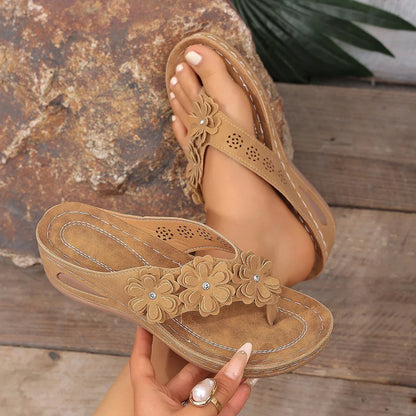 Women Floral Rhinestone Wedge Flip‑Flops Open Toe Soft Cushion Footbed Platform Summer Beach Slippers Large Size