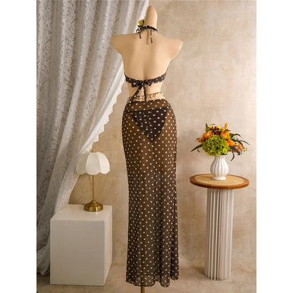 Polka Dots With Skirt Halter Shell Bikini Women Swimwear Female Swimsuit Three-Pieces Bikini Set Bather Bathing Suit Swim V8313