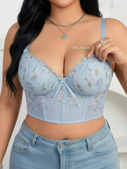 Plus Size Floral Embroidered Lace Bustier Bra – Push Up, Tummy Control &amp; Non-Slip Corset Top