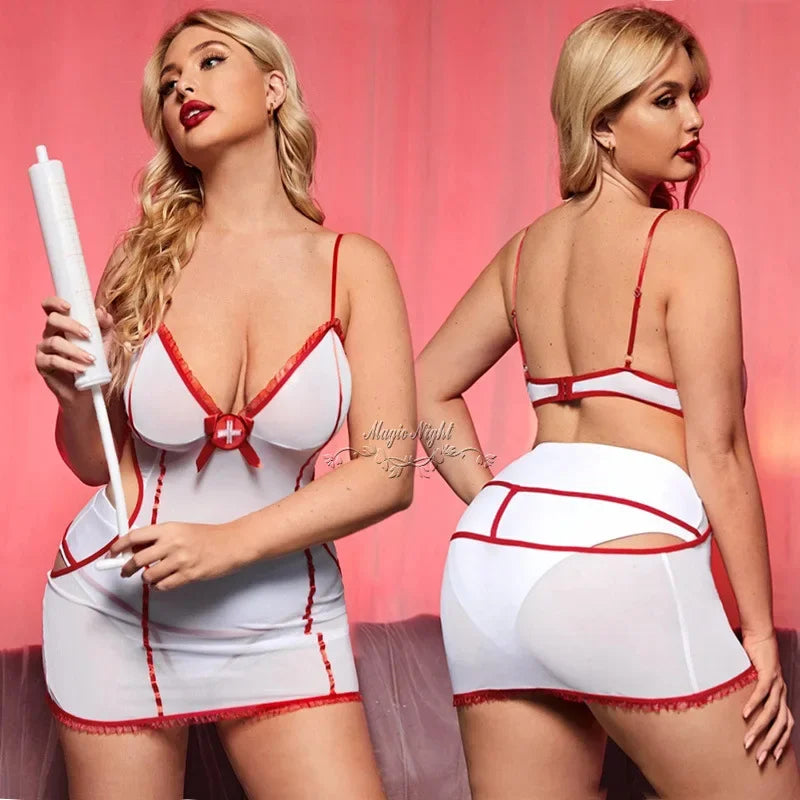 Sexy Sheer Mesh Naughty Nurse Role Play Costume – Color Block Cami Dress, Thong &amp; Hat for Women, Perfect for Intimate Nights