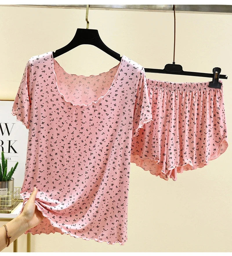 Chic Modal Floral Print 2Pcs Set Soft And Breathable Short-Sleeve Top And Shorts Loose Relaxed Fit Women&