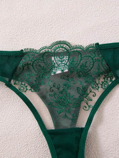 Green Floral Lace Lingerie Set Sheer Mesh Underwire Bra With Bow &amp; Thong Women Sexy Underwear ZA824057