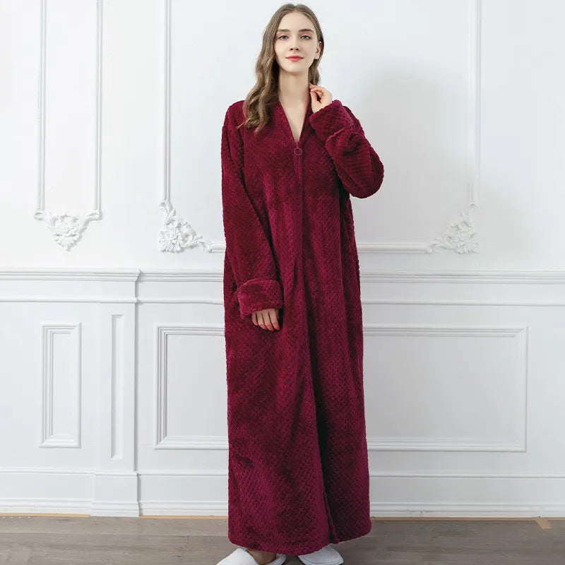 New Women Winter Extra Long Warm Jacquard Flannel Bathrobe Pregnant Zipper Plus Size Dressing Gown Lounge Coral Fleece Bath Robe