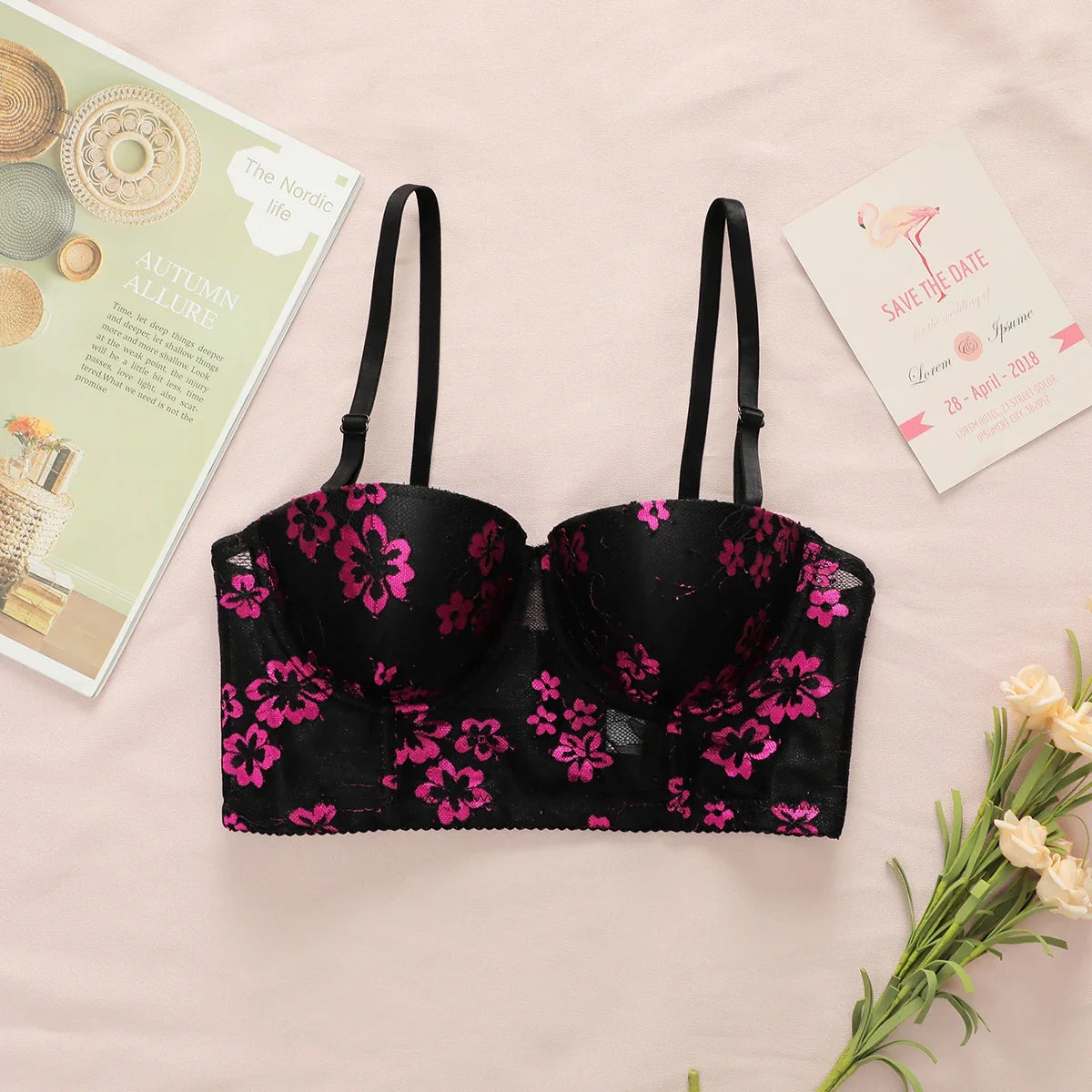 Chinese style new Chinese lace underwear floral bra half cup gathering pull up women&