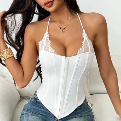 Sexy Imitation Denim Patchwork Lace Corset Women Black White Front Buckle Fishbone Hanging Neck Tie Rope Backless Tank Top Vest