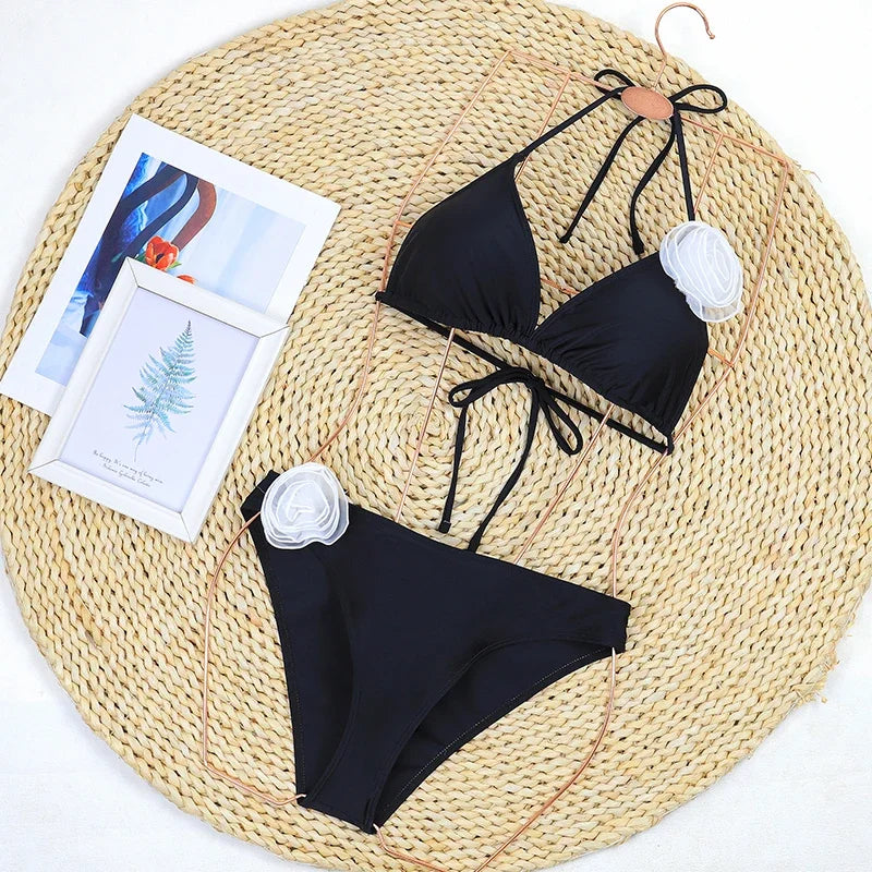 3D Floral Print Brazilian Micro Bikini Set Solid Color Sexy Women&