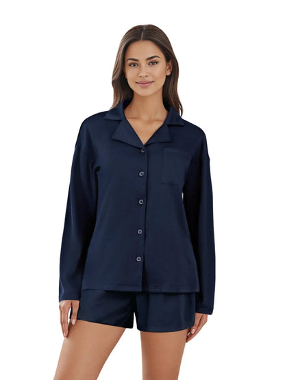 Women Fall 2 Piece Pajamas Set Solid Color Button up Long Sleeves Shirt and Elastic Shorts for Loungewear Soft Sleepwear