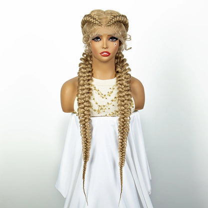 1B/30 Dark Brown Synthetic Lace Frontal Dutch Box Braided Wigs for Black Women Fishtail Braids Wigs with Baby Hair Cornrow Wigs