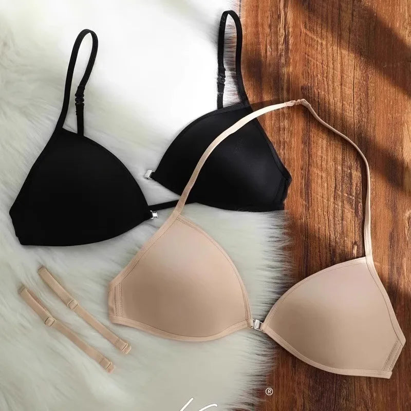 Sexy French Triangle Bra No Underwire Push-Up Front Button Beauty Back Women&