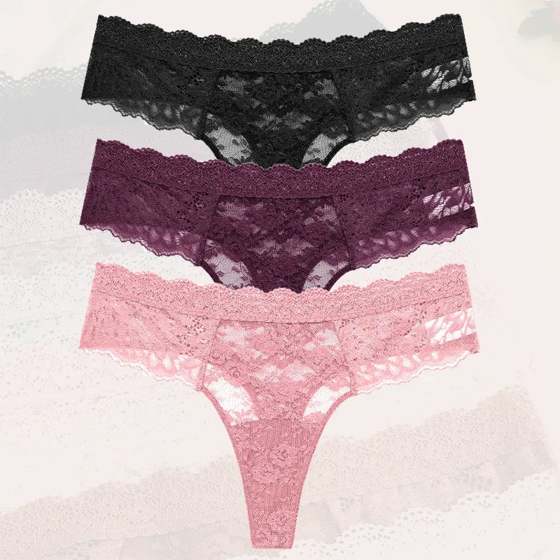 3-Piece Lace Thong Panties for Women – Seamless, Low-Rise Lingerie