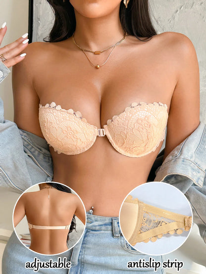 Half Cup Lace Women Strapless Bra Stylish Push Up Underwire Bra Comfortable Front Closure Daily Women&