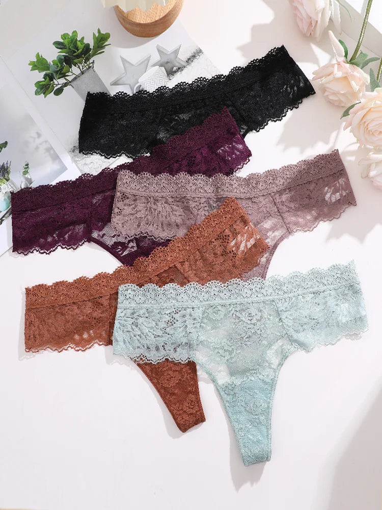 5-Piece Lace Thong Set – Low-Rise Sexy Briefs for Women