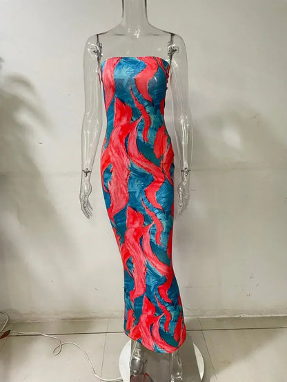 Spring And Summer Dresses For Women Chest Wrap Printed Off Shoulder Bandage Slim Sexy Long Dress 2023 New Fashion party MsChuh