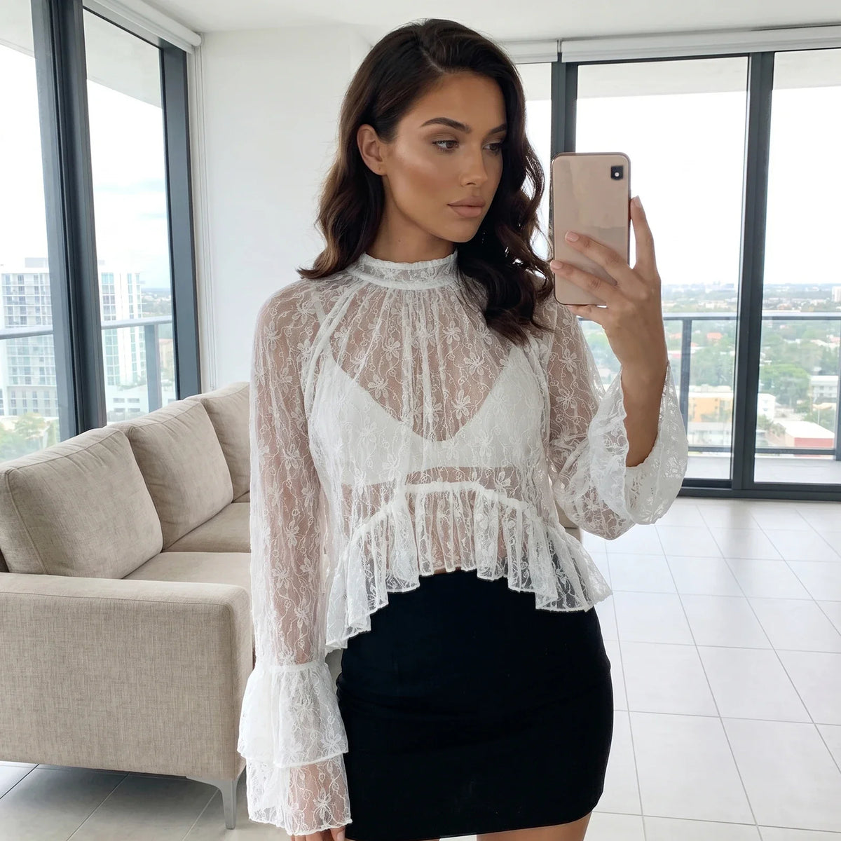 Womens Summer Sheer Shirts Flare Long Sleeve Mock Neck Lace Floral Tops Fashion Ruffled Peplum Hem Cropped T-shirts
