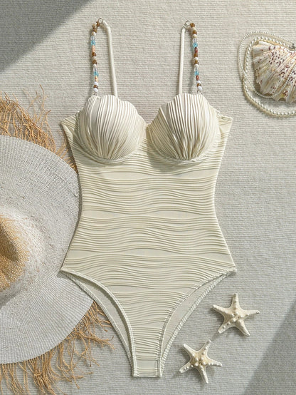 DEKA Sexy Shell Shape Underwire  One Piece Swimsuit Bikini Tie Side Swimwear Women Colorful Pearls Strap Push Up Bathing Suit