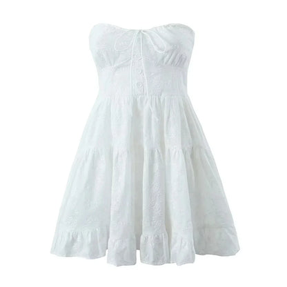 Foridol Button Bowknot Off Shoulder White Lace Mini Dress Summer Beach Embriodery Short Party Holiday Vestidos Smocked 2025
