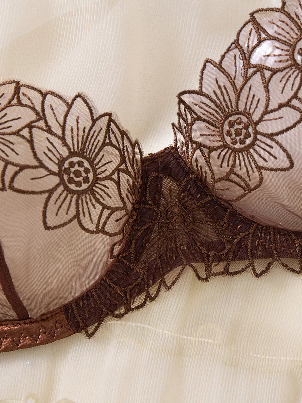Coffee Brown Floral Embroidery Satin Mesh Lingerie Set Underwire Bra With Matching Thong Women Sexy Intimates ZA825126