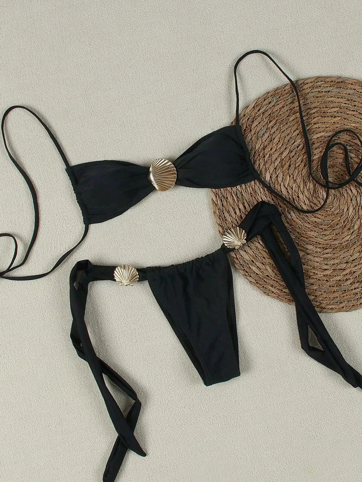 DEKA Women Brazilian Metal Shell Bikini Set Ornament Swimwear String Micro Bikini Thong Swimsuit Knotted Bathing Suit Biqui