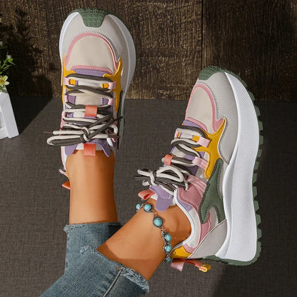 New Mixed Color Chunky Platform Sneakers Women 2026 Fashion Lace Up Thick Bottom Vulcanized Shoes Woman Non Slip Old Dad Shoes