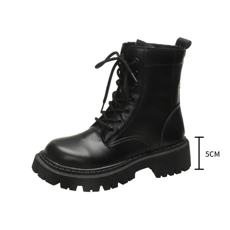 Women Lace Up Combat Ankle Boots PU Leather Chunky Lug Sole Round Toe Casual Winter Daily Shoes