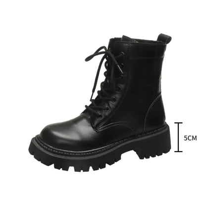 Women Lace Up Combat Ankle Boots PU Leather Chunky Lug Sole Round Toe Casual Winter Daily Shoes