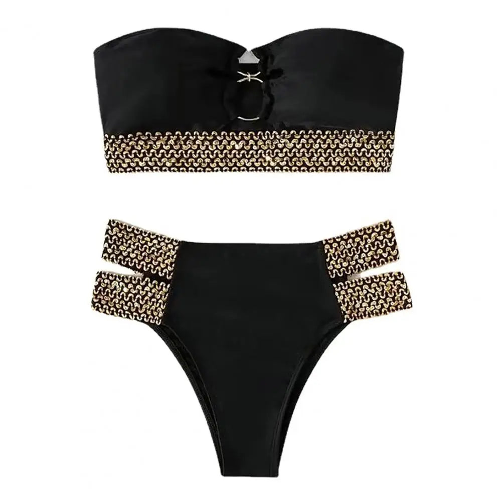 2Pcs/Set Women Bikini Set Ring Connection Off Shoulder Bathing Suit Elastic Waistband Backless High Cut Lady Beach Bikini Suit