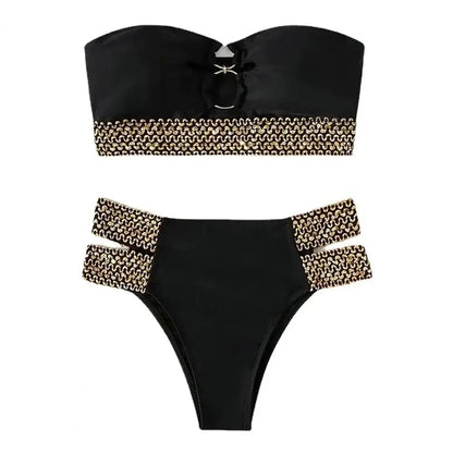 2Pcs/Set Women Bikini Set Ring Connection Off Shoulder Bathing Suit Elastic Waistband Backless High Cut Lady Beach Bikini Suit