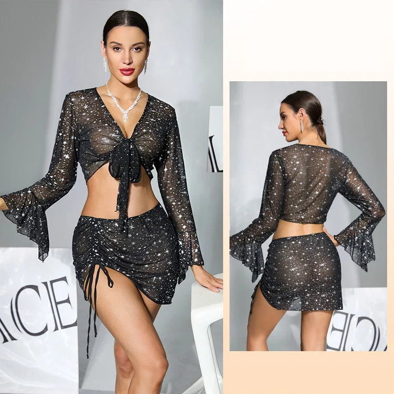 Summer Sleepwear Starry Sky Mesh Pajamas Set Women Flared Sleeve V-Neck Crop Top+Drawstring Bodycon Skirt 2 Pieces Shiny Pajamas