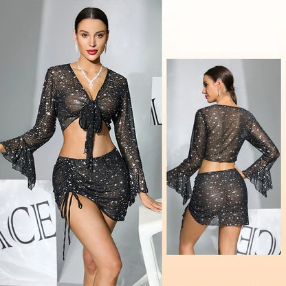 Summer Sleepwear Starry Sky Mesh Pajamas Set Women Flared Sleeve V-Neck Crop Top+Drawstring Bodycon Skirt 2 Pieces Shiny Pajamas