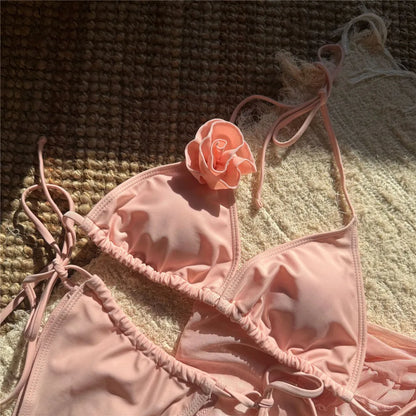 Sexy 3D Flower String Halter Bikinis 2025 Women Swimsuit Cover Ups Lace-up Thong Swimwear Beach Wear Bather 3 Piece Bikini Set