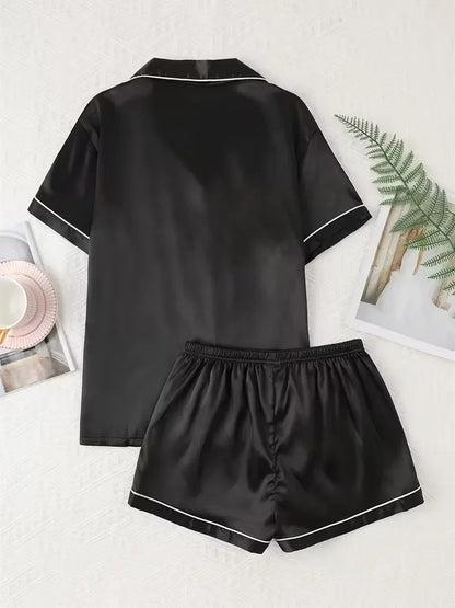 Summer Satin Silk Pajamas Set for Women Sleepwear Relaxed Fit Solid Casual Short Sleeve Tops &amp; Shorts Loungewear
