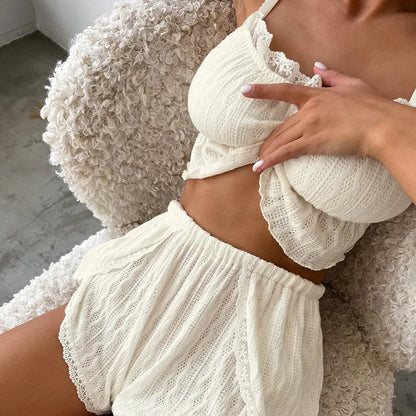 Lace Trim Ruffle Hem U-Neck Strap Cable Textured Cami &amp; Casual Shorts Loungewear Summer Pajamas Set Women Sleepwear