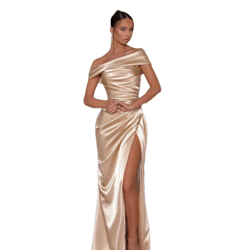 Elegant Satin Solid Color Off-Shoulder Women&