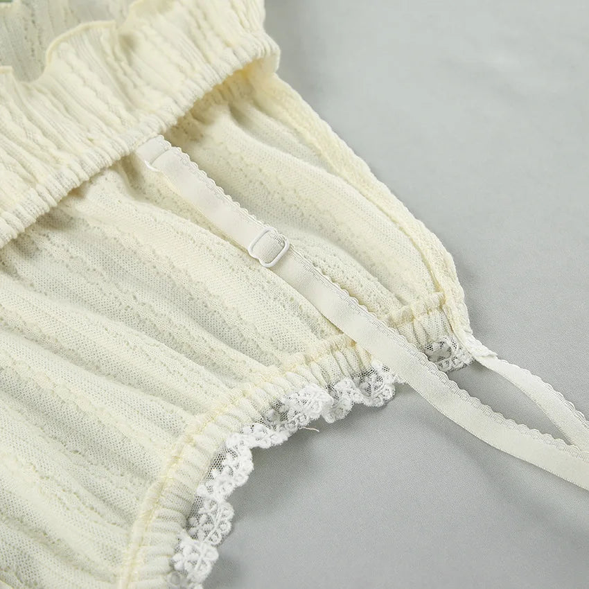 Lace Trim Ruffle Hem U-Neck Strap Cable Textured Cami &amp; Casual Shorts Loungewear Summer Pajamas Set Women Sleepwear