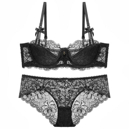 French Lace Thin Cup Underwear Set Sexy Women 1/2 Cup Push Up Bra Set Fashion Embroidery Lingerie Plus Size Breathable Brassiere