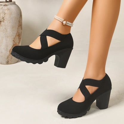 Women Mary Jane Pumps Cross Elastic Strap Suede Chunky High Heel Lug Platform Sole Dress Party Shoes Large Size