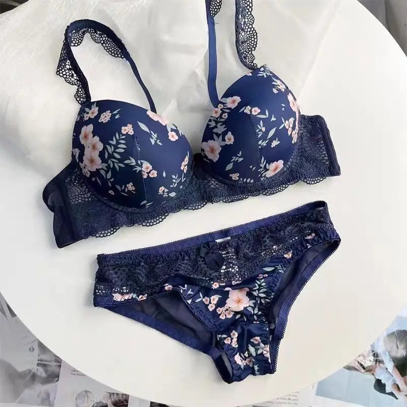 Plus Size Push-Up Bra Set Floral Print Summer Brief Set Anti Sagging Ultra-Thin Cute Girly Lingerie Set for Women Sexy Lingerie