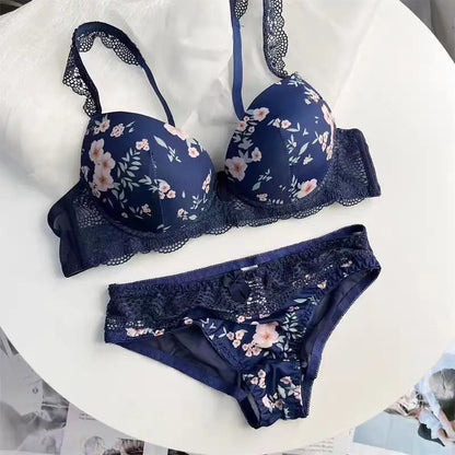 Plus Size Push-Up Bra Set Floral Print Summer Brief Set Anti Sagging Ultra-Thin Cute Girly Lingerie Set for Women Sexy Lingerie