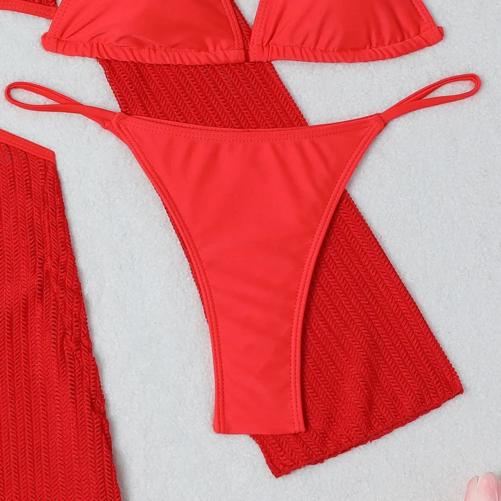 Women micro mini halter bikinis sets 3pcs with knitted long sleeve hollow out mini dress swimsuit bathing suit beach outfits