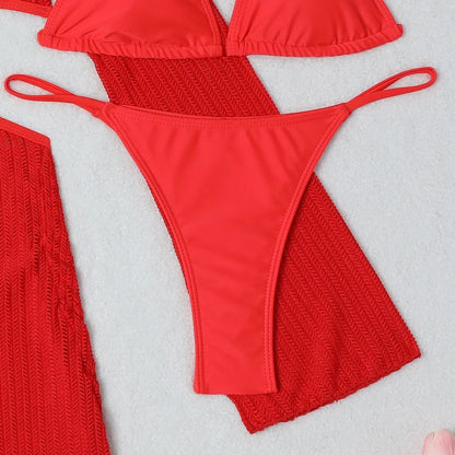 Women micro mini halter bikinis sets 3pcs with knitted long sleeve hollow out mini dress swimsuit bathing suit beach outfits