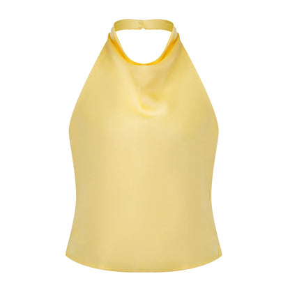 Women Summer Halter Neck Vest Sleeveless Open Back Solid Color Satin Tank Tops