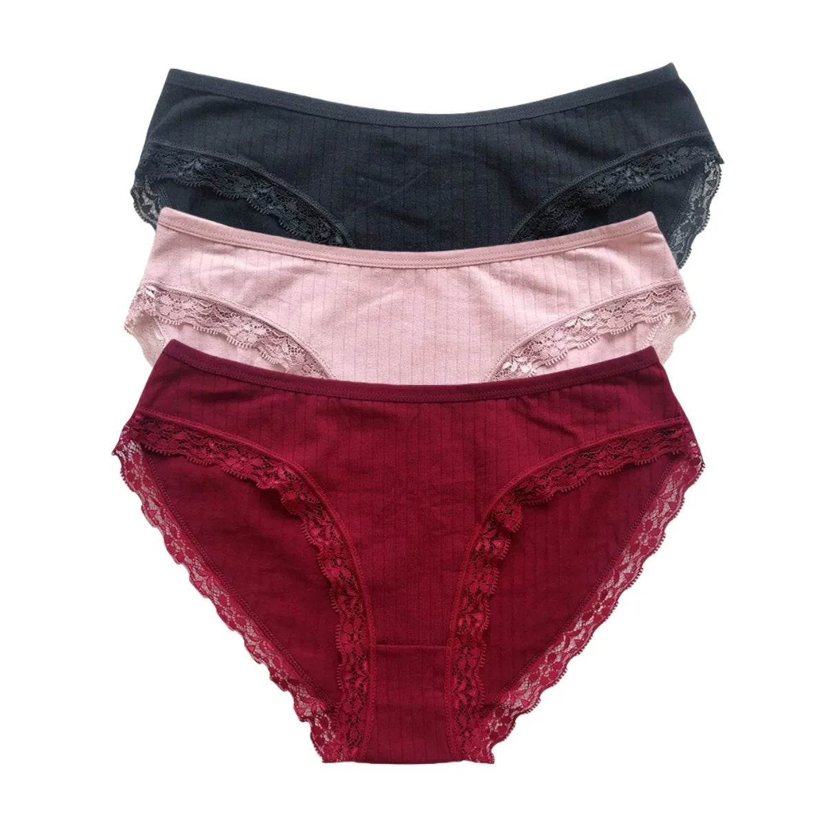 3Pcs/Set Cotton Panties Women Lace Trim Briefs Female Underpants Solid Color Soft Underwear Sexy Lingerie Intimates M-XL